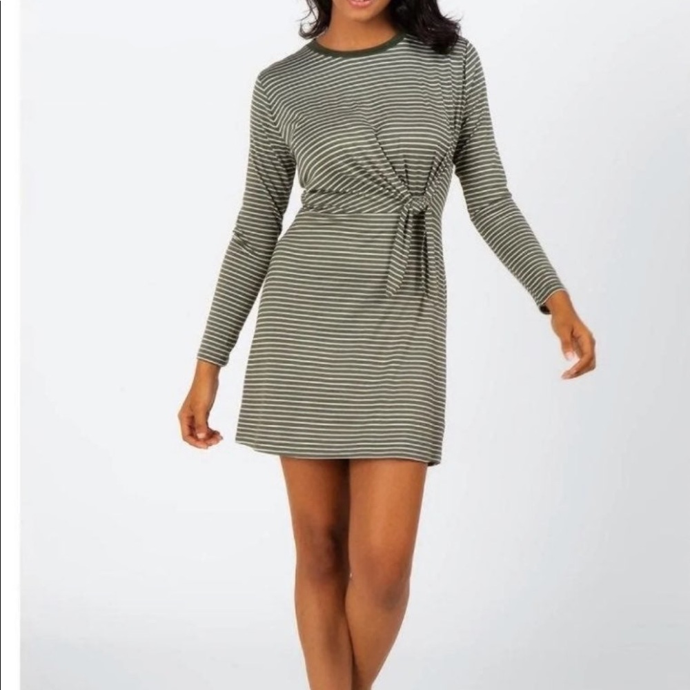 Alya Olive Green & White Long Sleeve Striped Mini Dress with Knot, Size XS